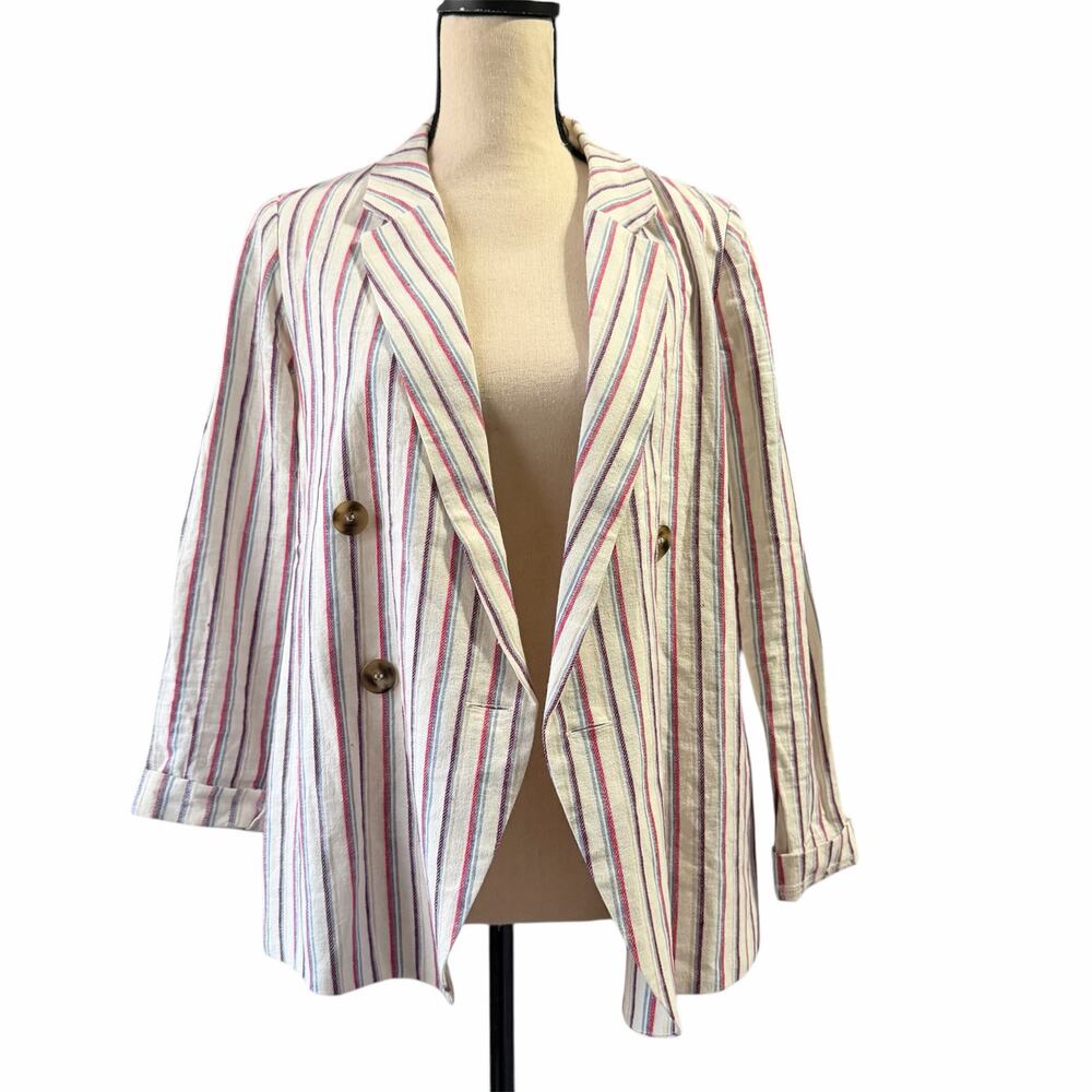 Anthropologie Dolan White Pink Stripe Linen Blend Double Breasted Blazer Sz XS